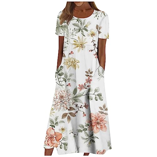 Sommerkleid Damen Elegant Blumen Kleider Damen Sommer A Linie Midi Strandkleid Leicht Und Luftig Damenkleider mit Ärmeln Kleid Frauen mit Taschen Blumenkleid Kurzarm Schicke Midikleid von Ansenesna