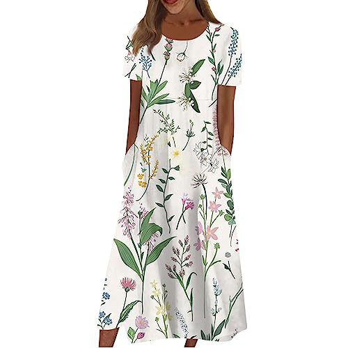 Sommerkleid Damen Elegant Blumen Kleider Damen Sommer A Linie Midi Strandkleid Leicht Und Luftig Damenkleider mit Ärmeln Kleid Frauen mit Taschen Blumenkleid Kurzarm Schicke Midikleid von Ansenesna