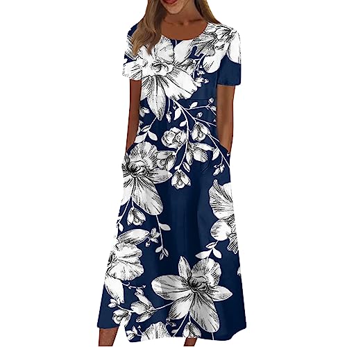 Sommerkleid Damen Elegant Blumen Kleider Damen Sommer A Linie Midi Strandkleid Leicht Und Luftig Damenkleider mit Ärmeln Kleid Frauen mit Taschen Blumenkleid Kurzarm Schicke Midikleid von Ansenesna