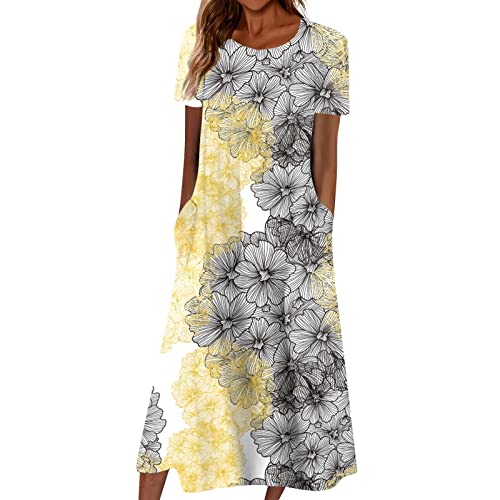 Sommerkleid Damen Elegant Blumen Kleider Damen Sommer A Linie Midi Strandkleid Leicht Und Luftig Damenkleider mit Ärmeln Kleid Frauen mit Taschen Blumenkleid Kurzarm Schicke Midikleid von Ansenesna
