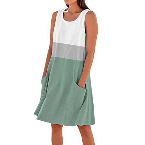Sommerkleid Damen Elegant Kurz Kleid Damen Sommer A Linie Elegante Kleider Ärmellos Geometrisch Sommerkleider Leicht Und Luftig Strandkleid Frauen mit Taschen Damenkleider Ohne Ärmel von Ansenesna