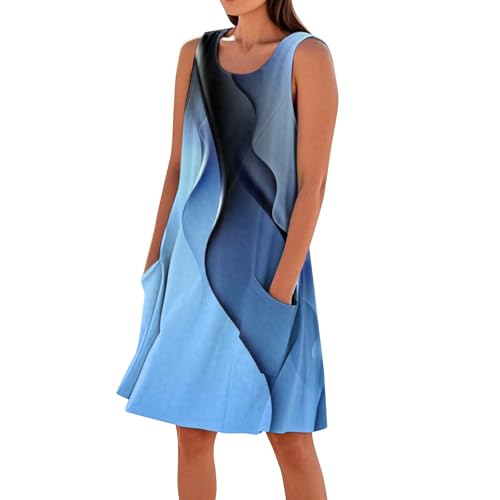 Sommerkleid Damen Elegant Kurz Kleid Damen Sommer A Linie Elegante Kleider Ärmellos Geometrisch Sommerkleider Leicht Und Luftig Strandkleid Frauen mit Taschen Damenkleider Ohne Ärmel von Ansenesna