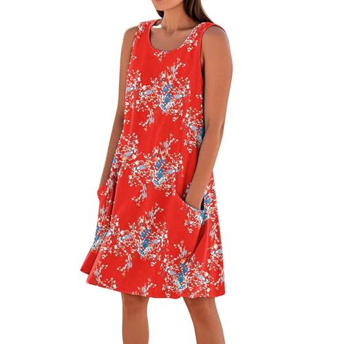 Sommerkleid Damen Elegant Kurz Kleid Damen Sommer Blumen A Linie Elegante Kleider Ärmellos Strandkleid Leicht Und Luftig Blumenkleid Frauen Ohne Ärmel Schicke Damenkleider mit Taschen von Ansenesna