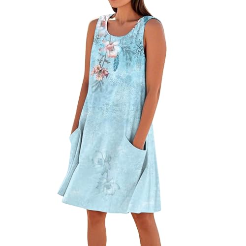Sommerkleid Damen Elegant Kurz Kleid Damen Sommer Blumen A Linie Elegante Kleider Ärmellos Strandkleid Leicht Und Luftig Blumenkleid Frauen Ohne Ärmel Schicke Damenkleider mit Taschen von Ansenesna