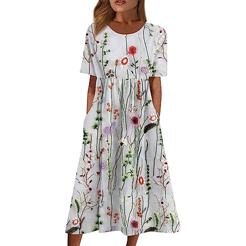 Sommerkleid Damen Elegant Midi Blumen Kleider Sommer A Linie mit Taschen Strandkleid Leicht Und Luftig Damenkleider Midilänge Kleid Frauen mit Ärmeln Blumenkleid Schicke Midikleid von Ansenesna