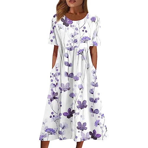 Sommerkleid Damen Elegant Midi Blumen Kleider Sommer A Linie mit Taschen Strandkleid Leicht Und Luftig Damenkleider Midilänge Kleid Frauen mit Ärmeln Blumenkleid Schicke Midikleid von Ansenesna