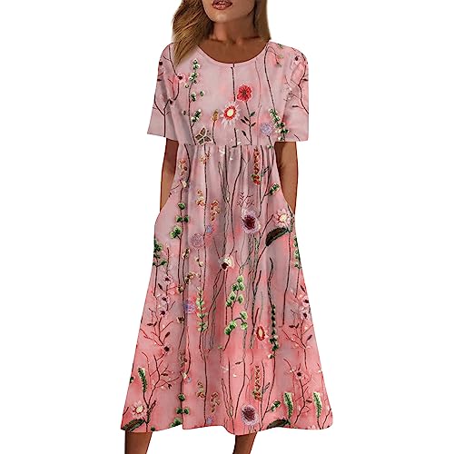 Sommerkleid Damen Elegant Midi Blumen Kleider Sommer A Linie mit Taschen Strandkleid Leicht Und Luftig Damenkleider Midilänge Kleid Frauen mit Ärmeln Blumenkleid Schicke Midikleid von Ansenesna