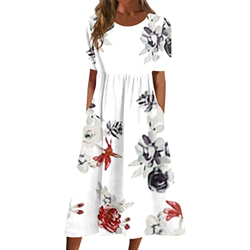 Sommerkleid Damen Elegant Midi Blumen Kleider Sommer A Linie mit Taschen Strandkleid Leicht Und Luftig Damenkleider Midilänge Kleid Frauen mit Ärmeln Blumenkleid Schicke Midikleid von Ansenesna