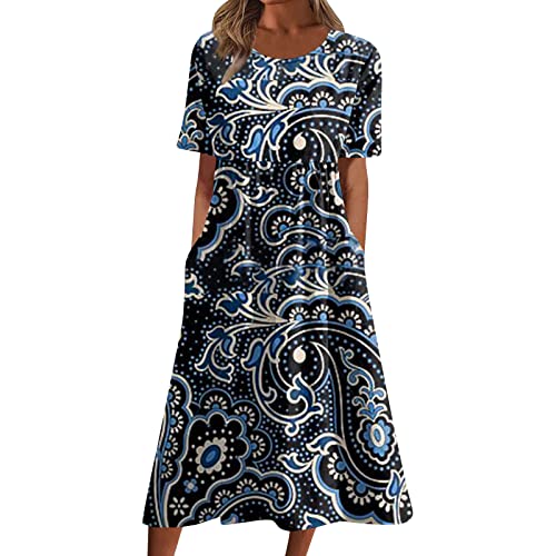 Sommerkleid Damen Elegant Midi Blumen Kleider Sommer A Linie mit Taschen Strandkleid Leicht Und Luftig Damenkleider Midilänge Kleid Frauen mit Ärmeln Blumenkleid Schicke Midikleid von Ansenesna