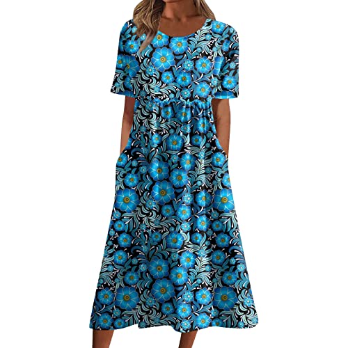 Sommerkleid Damen Elegant Midi Blumen Kleider Sommer A Linie mit Taschen Strandkleid Leicht Und Luftig Damenkleider Midilänge Kleid Frauen mit Ärmeln Blumenkleid Schicke Midikleid von Ansenesna
