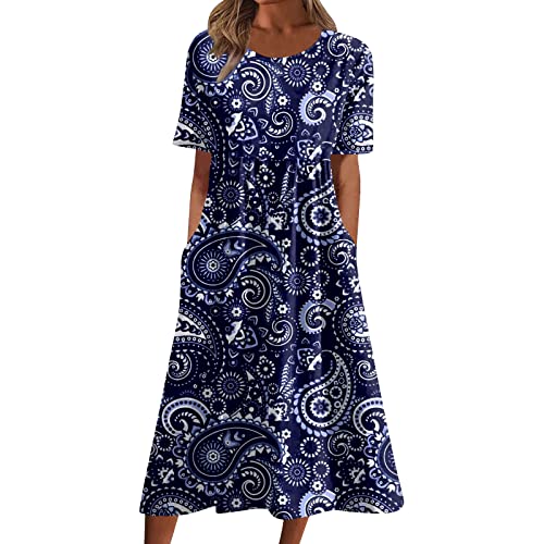 Sommerkleid Damen Elegant Midi Blumen Kleider Sommer A Linie mit Taschen Strandkleid Leicht Und Luftig Damenkleider Midilänge Kleid Frauen mit Ärmeln Blumenkleid Schicke Midikleid von Ansenesna