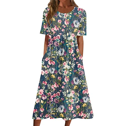 Sommerkleid Damen Elegant Midi Kleid Damen Sommer Blumen A Linie Sommerkleider Leicht Und Luftig Kleider Frauen mit Ärmel Kurzarm Strandkleid Knielang Damenkleider Taschen Blumenkleid von Ansenesna