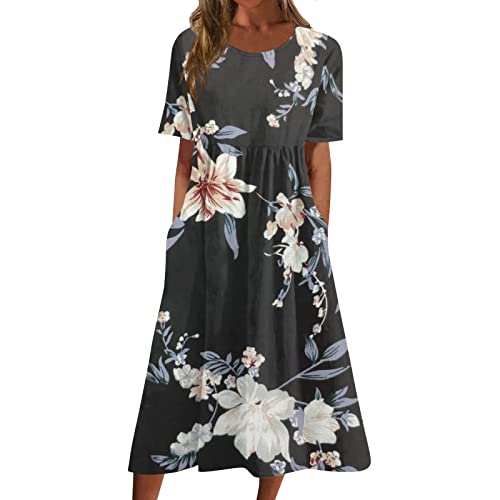 Sommerkleid Damen Elegant Midi Kleid Damen Sommer Blumen A Linie Sommerkleider Leicht Und Luftig Kleider Frauen mit Ärmel Kurzarm Strandkleid Knielang Damenkleider Taschen Blumenkleid von Ansenesna