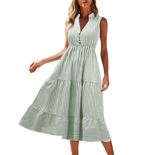 Sommerkleid Damen Elegant Midi Rüschen Kleider Sommer Streifen V Ausschnitt Sommerkleider Leicht Und Luftig Strandkleid Frauen Ärmellos Tailliert Kleid A Linie Gestreift Damenkleider von Ansenesna