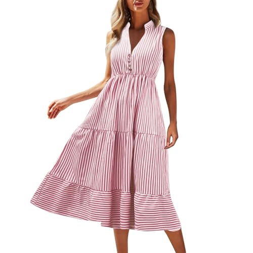 Sommerkleid Damen Elegant Midi Rüschen Kleider Sommer Streifen V Ausschnitt Sommerkleider Leicht Und Luftig Strandkleid Frauen Ärmellos Tailliert Kleid A Linie Gestreift Damenkleider von Ansenesna