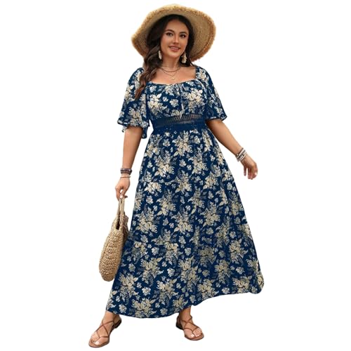 Sommerkleid Damen Große Größen Blumen Kleider Damen Sommer Lang Elegant Kleid Für Mollige Frauen A Linie Tailliert Sommerkleider Leicht Und Luftig Dicke Damenkleider mit Ärmel Blumenkleid von Ansenesna