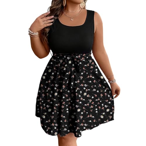 Sommerkleid Damen Große Größen Blumen Kleider Sommer Kurz Elegant Kleid Für Mollige Frauen A Linie Ärmellos Sommerkleider Leicht Und Luftig Tailliert Damenkleider mit Gürtel Blumenkleid von Ansenesna