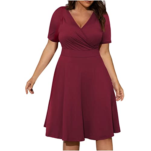 Sommerkleid Damen Große Größen Elegant Curvy Kleider Damen Sommer Für Mollige Frauen Strandkleid Knielang V Ausschnitt Kleid Frauen A Linie mit Ärmel Tailliert Damenkleider Für Dicke von Ansenesna