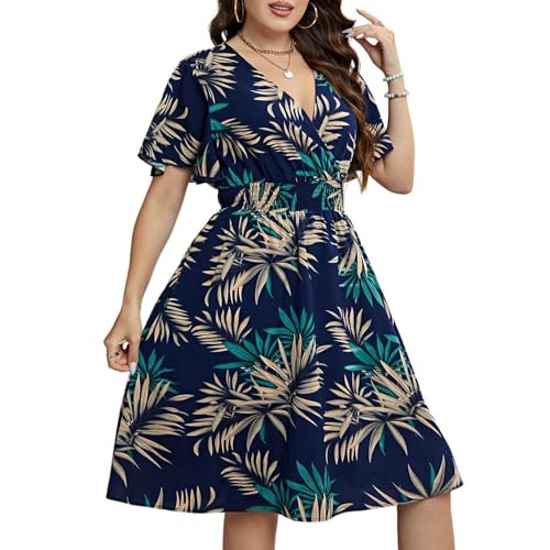 Sommerkleid Damen Große Größen Elegant Kleider Damen Sommer A Linie Tailliertes Kleid Für Mollige Frauen Sommerkleider Leicht Und Luftig Damenkleider mit Ärmel V Ausschnitt Strandkleid von Ansenesna