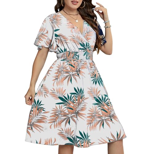 Sommerkleid Damen Große Größen Elegant Kleider Damen Sommer A Linie Tailliertes Kleid Für Mollige Frauen Sommerkleider Leicht Und Luftig Damenkleider mit Ärmel V Ausschnitt Strandkleid von Ansenesna
