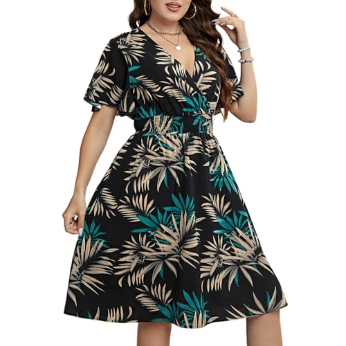 Sommerkleid Damen Große Größen Elegant Kleider Damen Sommer A Linie Tailliertes Kleid Für Mollige Frauen Sommerkleider Leicht Und Luftig Damenkleider mit Ärmel V Ausschnitt Strandkleid von Ansenesna