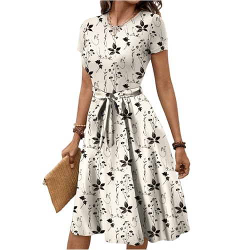 Sommerkleid Damen Knielang A Linie Kleid Damen Sommer Elegant Blumen Sommerkleider Leicht Und Luftig Tailliertes Kleider Frauen mit Ärmel Schickes Damenkleider mit Gürtel Blumenkleid von Ansenesna