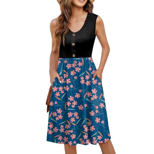 Sommerkleid Damen Knielang A Linie Kleider Damen Sommer Elegant Blumen Sommerkleider Frauen Leicht Und Luftig Ärmellos Kleid mit Knopfleiste Ohne Ärmel Blumenkleid mit Taschen von Ansenesna
