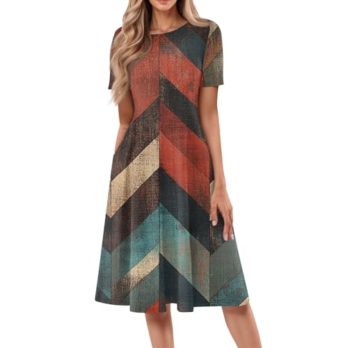 Sommerkleid Damen Knielang A Linie Sommerkleider Leicht Und Luftig Elegant Damen Kleider Sommer Kurzarm Mit Palmenblattdruck Damenkleider mit Taschen Und Stilvoll Für Alltag Und Festlich von Ansenesna