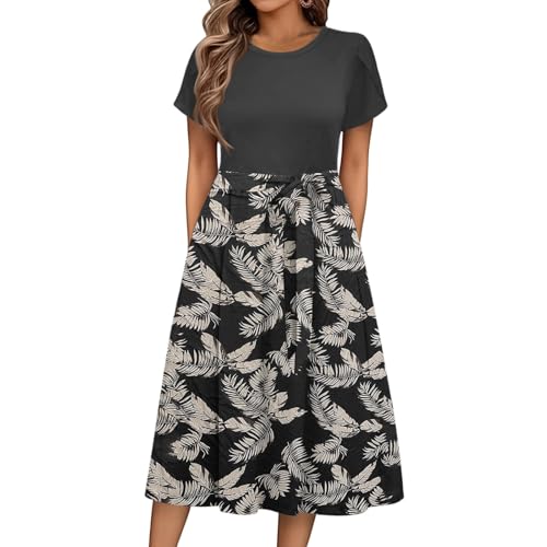 Sommerkleid Damen Knielang Elegant Blumen Kleid Damen Sommer A Linie Sommerkleider Leicht Und Luftig Strandkleid Frauen Tailliert Damenkleider Kurzarm Kleider mit Gürtel Blumenkleid von Ansenesna