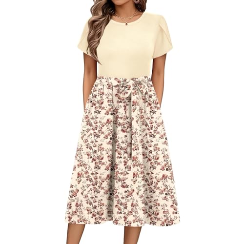 Sommerkleid Damen Knielang Elegant Blumen Kleid Damen Sommer A Linie Sommerkleider Leicht Und Luftig Strandkleid Frauen Tailliert Damenkleider Kurzarm Kleider mit Gürtel Blumenkleid von Ansenesna