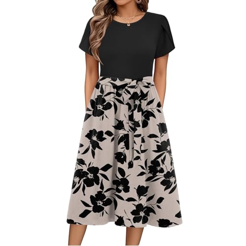 Sommerkleid Damen Knielang Elegant Blumen Kleid Damen Sommer A Linie Sommerkleider Leicht Und Luftig Strandkleid Frauen Tailliert Damenkleider Kurzarm Kleider mit Gürtel Blumenkleid von Ansenesna