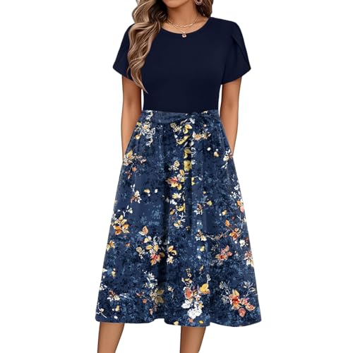 Sommerkleid Damen Knielang Elegant Blumen Kleid Damen Sommer A Linie Sommerkleider Leicht Und Luftig Strandkleid Frauen Tailliert Damenkleider Kurzarm Kleider mit Gürtel Blumenkleid von Ansenesna