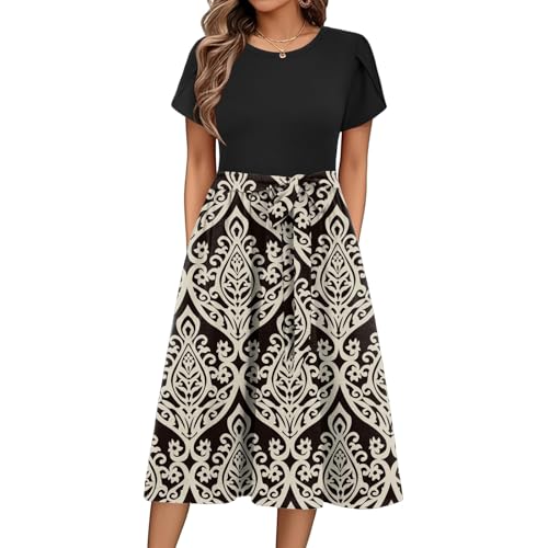 Sommerkleid Damen Knielang Elegant Blumen Kleid Damen Sommer A Linie Sommerkleider Leicht Und Luftig Strandkleid Frauen Tailliert Damenkleider Kurzarm Kleider mit Gürtel Blumenkleid von Ansenesna