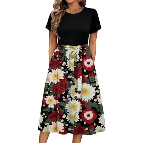 Sommerkleid Damen Knielang Elegant Blumen Kleid Damen Sommer A Linie Sommerkleider Leicht Und Luftig Strandkleid Frauen Tailliert Damenkleider Kurzarm Kleider mit Gürtel Blumenkleid von Ansenesna