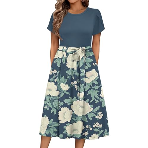 Sommerkleid Damen Knielang Elegant Blumen Kleid Damen Sommer A Linie Sommerkleider Leicht Und Luftig Strandkleid Frauen Tailliert Damenkleider Kurzarm Kleider mit Gürtel Blumenkleid von Ansenesna