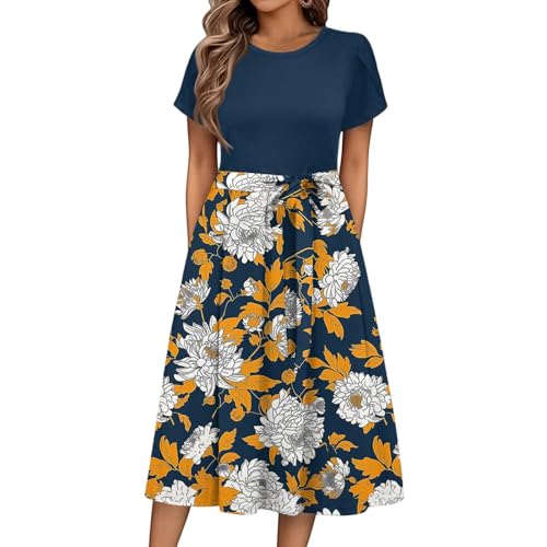 Sommerkleid Damen Knielang Elegant Blumen Kleid Damen Sommer A Linie Sommerkleider Leicht Und Luftig Strandkleid Frauen Tailliert Damenkleider Kurzarm Kleider mit Gürtel Blumenkleid von Ansenesna