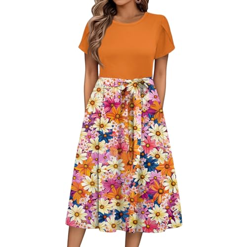 Sommerkleid Damen Knielang Elegant Blumen Kleid Damen Sommer A Linie Sommerkleider Leicht Und Luftig Strandkleid Frauen Tailliert Damenkleider Kurzarm Kleider mit Gürtel Blumenkleid von Ansenesna