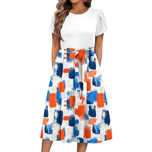 Sommerkleid Damen Knielang Elegant Blumen Kleid Damen Sommer A Linie Sommerkleider Leicht Und Luftig Strandkleid Frauen Tailliert Damenkleider Kurzarm Kleider mit Gürtel Blumenkleid von Ansenesna