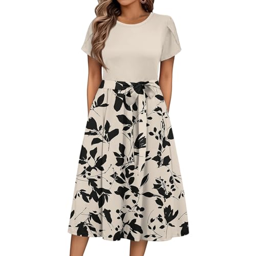 Sommerkleid Damen Knielang Elegant Blumen Kleid Damen Sommer A Linie Sommerkleider Leicht Und Luftig Strandkleid Frauen Tailliert Damenkleider Kurzarm Kleider mit Gürtel Blumenkleid von Ansenesna