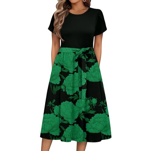 Sommerkleid Damen Knielang Elegant Blumen Kleid Damen Sommer A Linie Sommerkleider Leicht Und Luftig Strandkleid Frauen Tailliert Damenkleider Kurzarm Kleider mit Gürtel Blumenkleid von Ansenesna