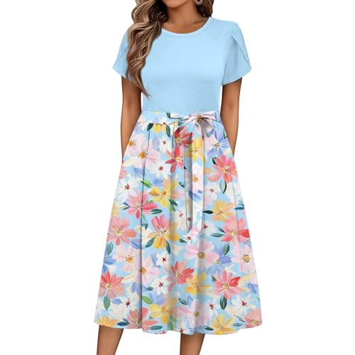 Sommerkleid Damen Knielang Elegant Blumen Kleid Damen Sommer A Linie Sommerkleider Leicht Und Luftig Strandkleid Frauen Tailliert Damenkleider Kurzarm Kleider mit Gürtel Blumenkleid von Ansenesna
