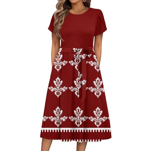 Sommerkleid Damen Knielang Elegant Blumen Kleid Damen Sommer A Linie Sommerkleider Leicht Und Luftig Strandkleid Frauen Tailliert Damenkleider Kurzarm Kleider mit Gürtel Blumenkleid von Ansenesna