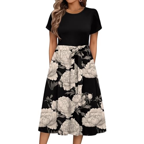 Sommerkleid Damen Knielang Elegant Blumen Kleid Damen Sommer A Linie Sommerkleider Leicht Und Luftig Strandkleid Frauen Tailliert Damenkleider Kurzarm Kleider mit Gürtel Blumenkleid von Ansenesna