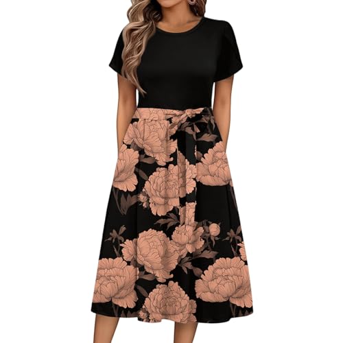 Sommerkleid Damen Knielang Elegant Blumen Kleid Damen Sommer A Linie Sommerkleider Leicht Und Luftig Strandkleid Frauen Tailliert Damenkleider Kurzarm Kleider mit Gürtel Blumenkleid von Ansenesna