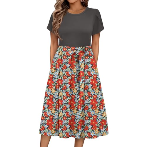 Sommerkleid Damen Knielang Elegant Blumen Kleid Damen Sommer A Linie Sommerkleider Leicht Und Luftig Strandkleid Frauen Tailliert Damenkleider Kurzarm Kleider mit Gürtel Blumenkleid von Ansenesna