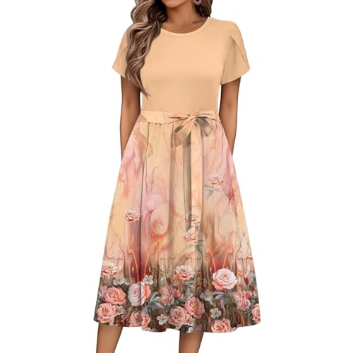 Sommerkleid Damen Knielang Elegant Blumen Kleid Damen Sommer A Linie Sommerkleider Leicht Und Luftig Strandkleid Frauen Tailliert Damenkleider Kurzarm Kleider mit Gürtel Blumenkleid von Ansenesna