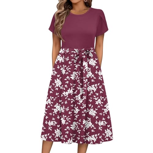 Sommerkleid Damen Knielang Elegant Blumen Kleid Damen Sommer A Linie Sommerkleider Leicht Und Luftig Strandkleid Frauen Tailliert Damenkleider Kurzarm Kleider mit Gürtel Blumenkleid von Ansenesna
