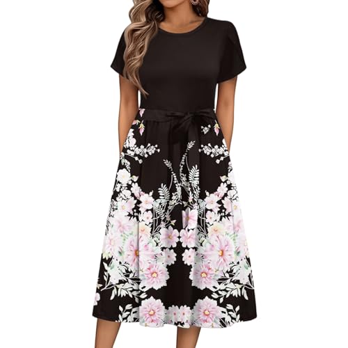 Sommerkleid Damen Knielang Elegant Blumen Kleid Damen Sommer A Linie Sommerkleider Leicht Und Luftig Strandkleid Frauen Tailliert Damenkleider Kurzarm Kleider mit Gürtel Blumenkleid von Ansenesna