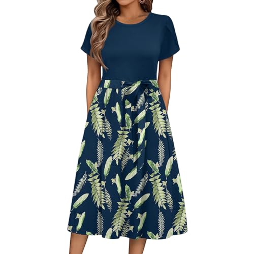 Sommerkleid Damen Knielang Elegant Blumen Kleid Damen Sommer A Linie Sommerkleider Leicht Und Luftig Strandkleid Frauen Tailliert Damenkleider Kurzarm Kleider mit Gürtel Blumenkleid von Ansenesna