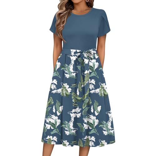 Sommerkleid Damen Knielang Elegant Blumen Kleid Damen Sommer A Linie Sommerkleider Leicht Und Luftig Strandkleid Frauen Tailliert Damenkleider Kurzarm Kleider mit Gürtel Blumenkleid von Ansenesna